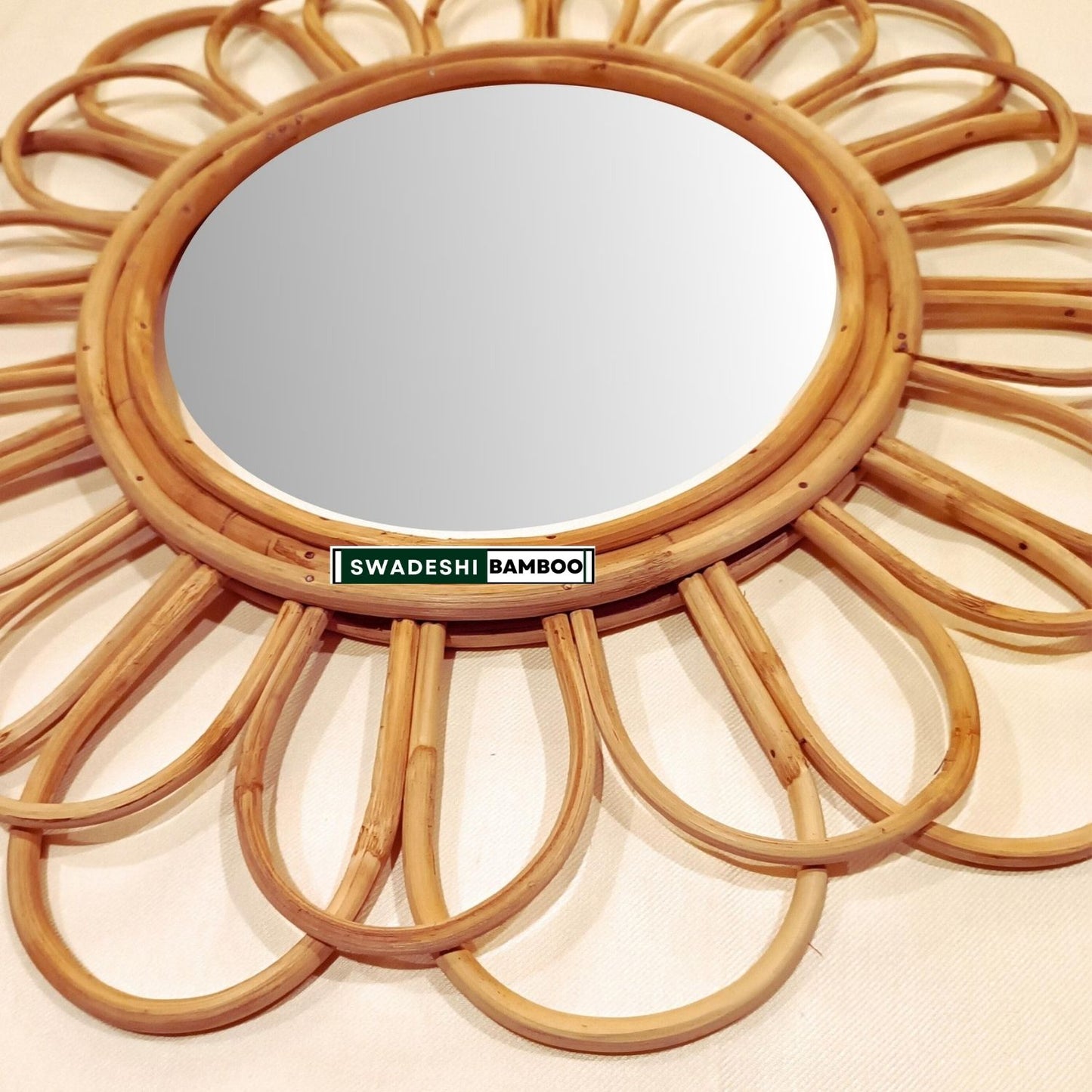 Swadeshi Bamboo Wall mirror round Flower- wall decoration, Boho Mirror Rattan, Mirror Wall Decor Mirror, Wicker Made Mirrors