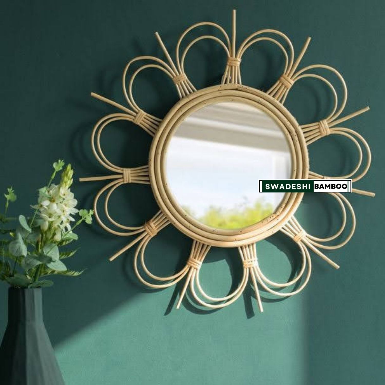 Swadeshi Bamboo Flower Mirror, Rattan Mirror, Decorative Mirror, Boho Mirror, Bamboo Mirror, Round Bamboo Mirror,