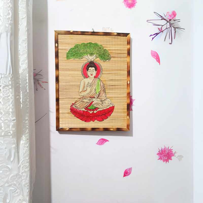 Handcrafted Bamboo Mat Base Wall Hanging Frame of Gautam Buddha for Home and Office/Eco Friendly Product