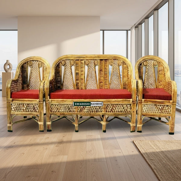 Cane Rattan Bamboo 5 Seater Designer Sofa Set with table For Home, Office and Garden