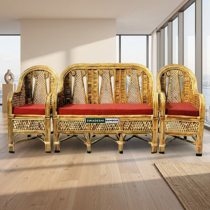 Cane Rattan Bamboo 5 Seater Designer Sofa Set with table For Home, Office and Garden