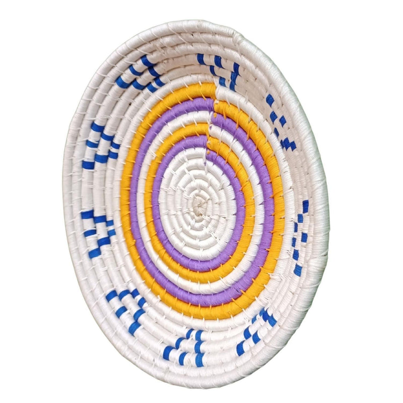 Handwoven Yellow, Blue, White color Sabai Grass Wall Plate 12 inches - swadeshibamboo