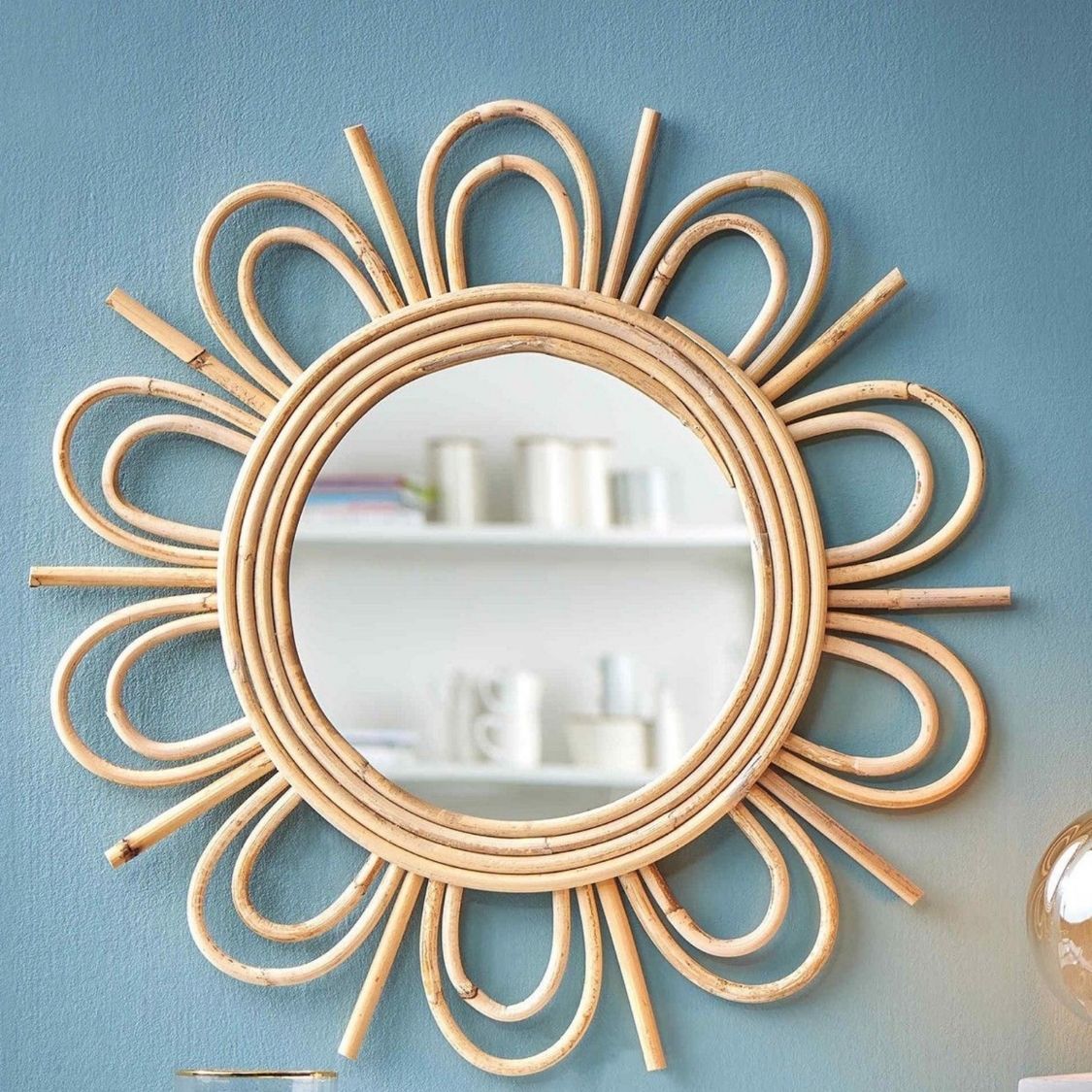 Swadeshi Bamboo Wall mirror round Flower- wall decoration, Boho Mirror Rattan, Mirror Wall Decor Mirror, Wicker Made Mirrors