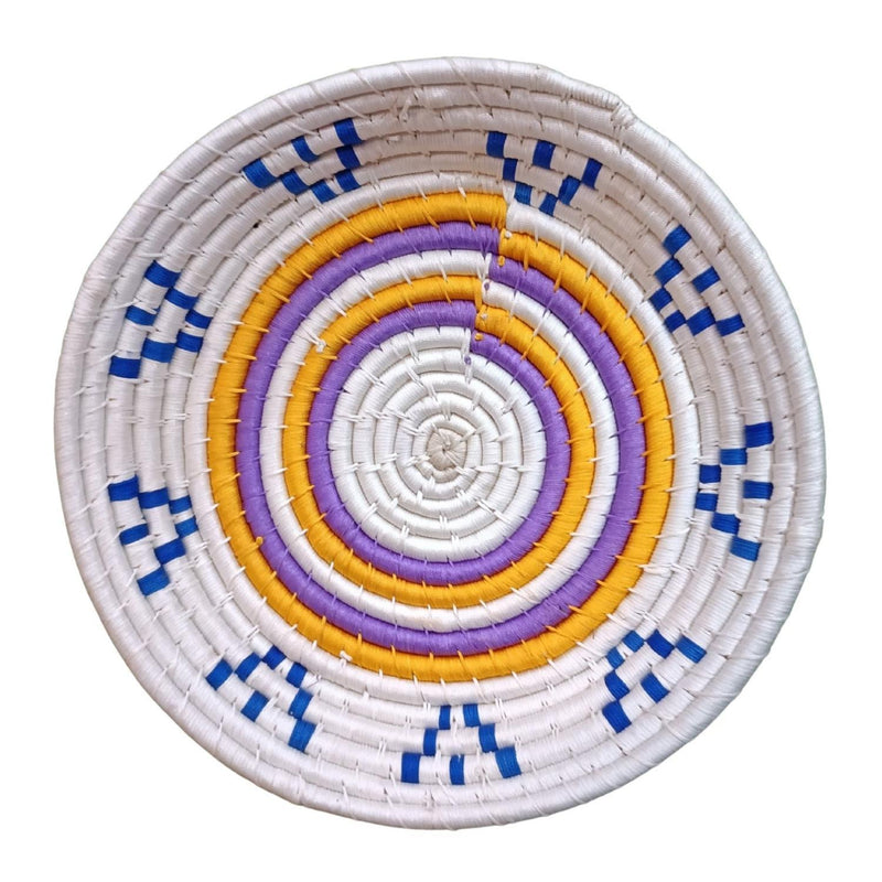 Handwoven Yellow, Blue, White color Sabai Grass Wall Plate 12 inches - swadeshibamboo