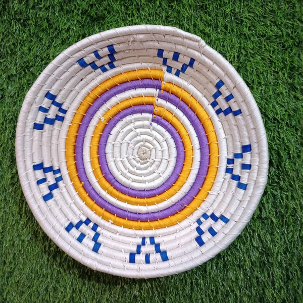 Handwoven Yellow, Blue, White color Sabai Grass Wall Plate 12 inches - swadeshibamboo