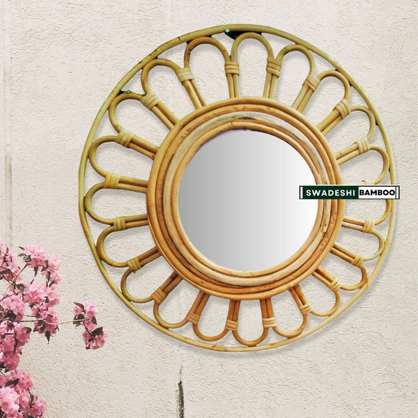 Wall mirror round Rattan Flower, Boho Mirror Rattan