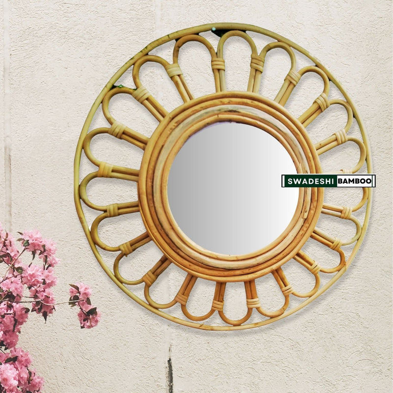 Wall mirror round Rattan Flower, Boho Mirror Rattan