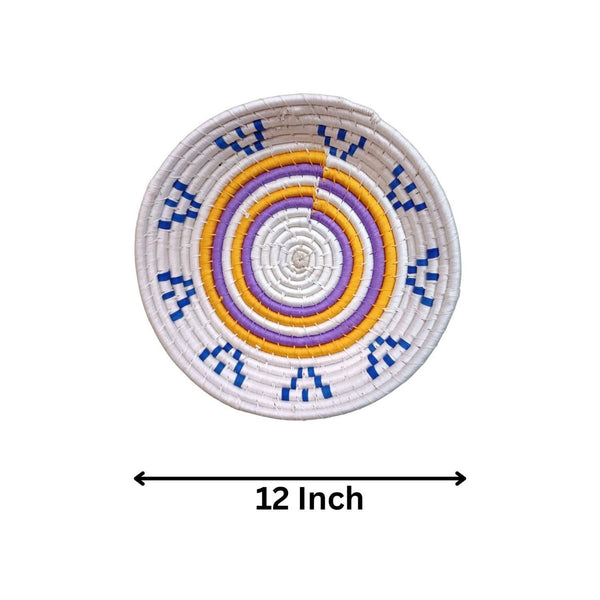 Handwoven Yellow, Blue, White color Sabai Grass Wall Plate 12 inches - swadeshibamboo