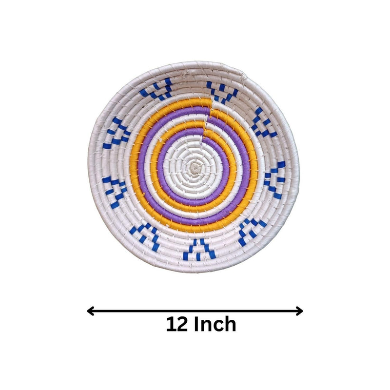 Handwoven Yellow, Blue, White color Sabai Grass Wall Plate 12 inches - swadeshibamboo