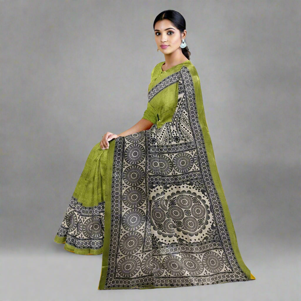 Handloom Khadi Cotton Saree Block print with Plain Blouse (Parrot Green) - swadeshibamboo