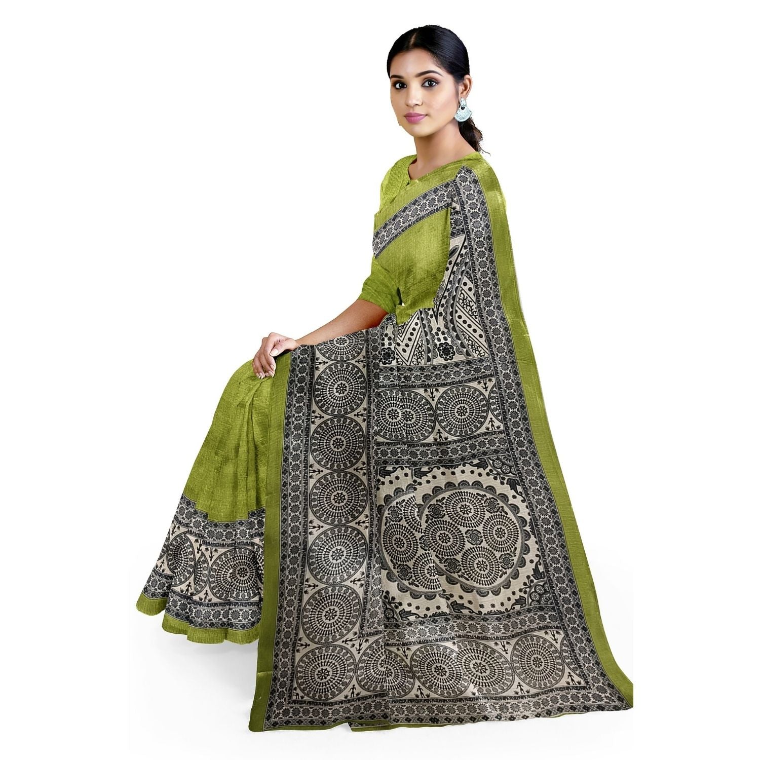 Handloom Khadi Cotton Saree Block print with Plain Blouse (Parrot Green)