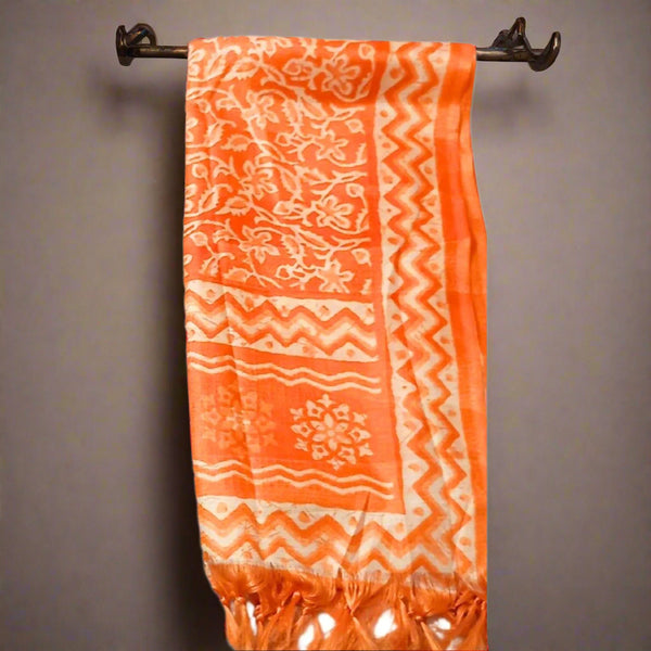 Block print Bamboo Art Silk Dupatta(Orange)