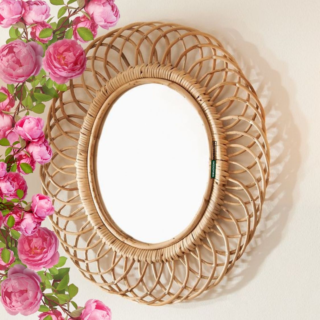 Swadeshi Bamboo Designer Wall mirror Oval shaped, wall decoration, Boho Mirror Rattan, Wicker Made Mirrors