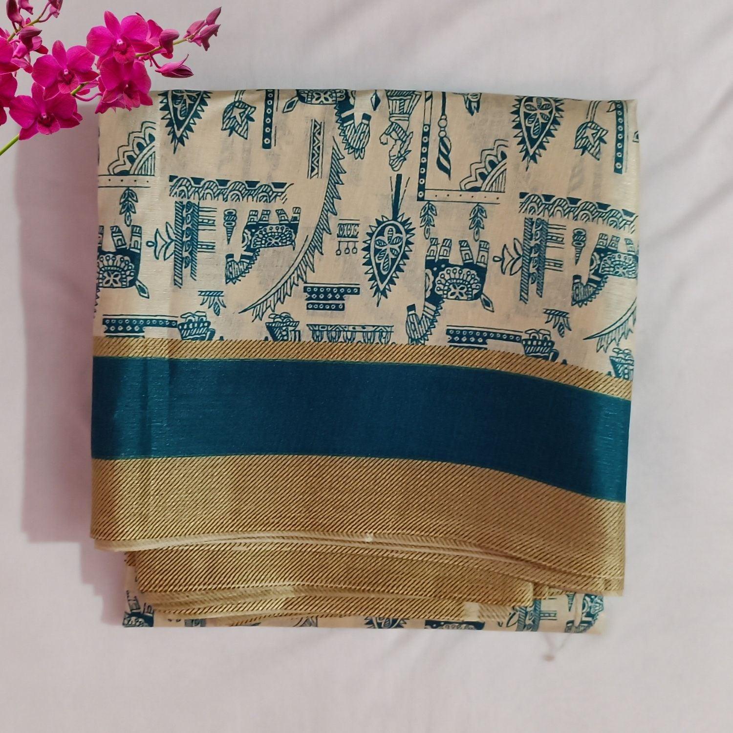 Handloom Khadi Cotton Saree Block print with Plain Blouse - swadeshibamboo