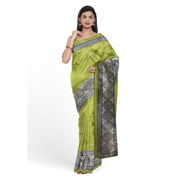 Handloom Khadi Cotton Saree Block print with Plain Blouse (Parrot Green) - swadeshibamboo