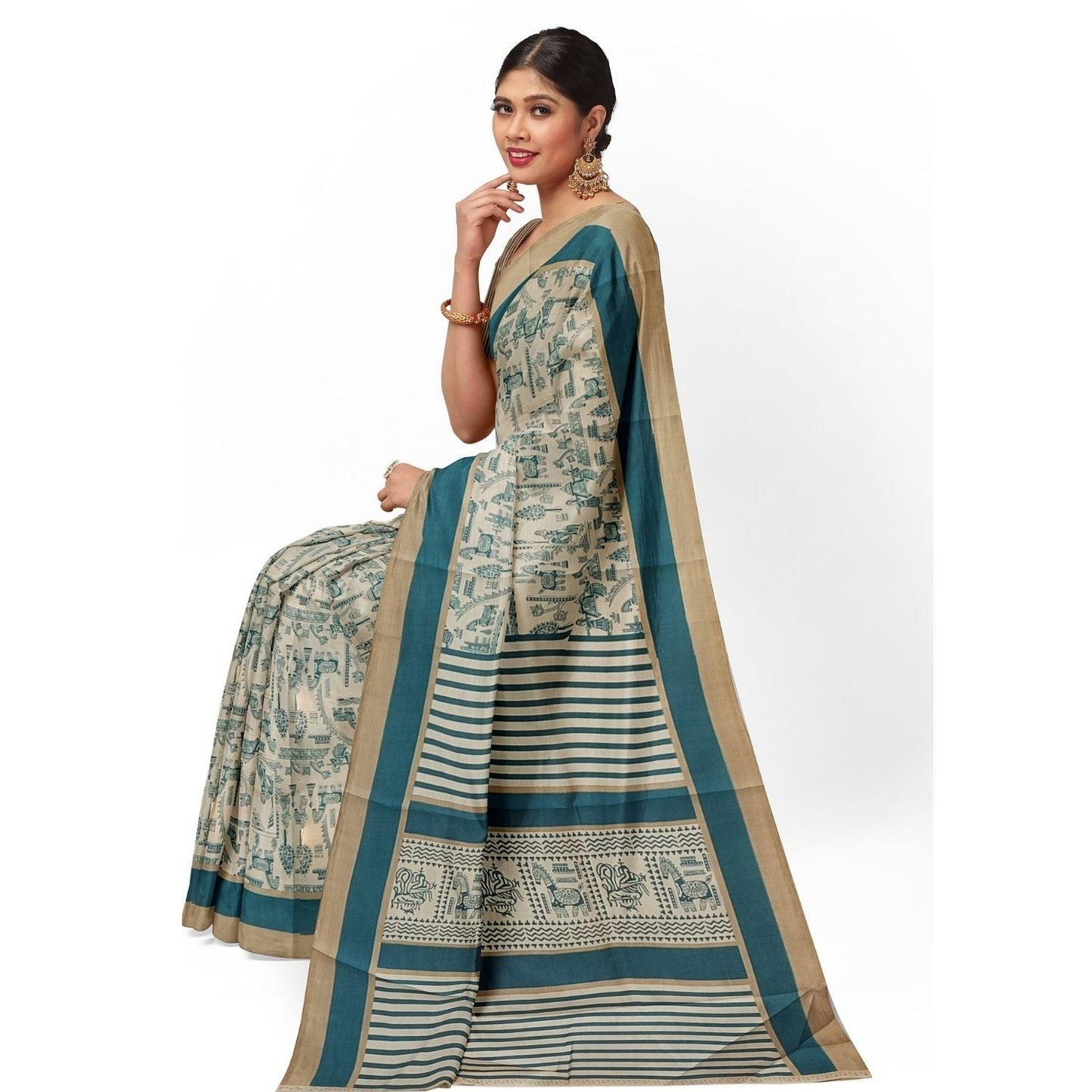 Handloom Khadi Cotton Saree Block print with Plain Blouse - swadeshibamboo