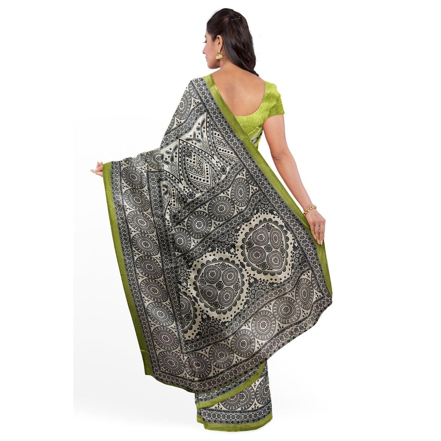 Handloom Khadi Cotton Saree Block print with Plain Blouse (Parrot Green) - swadeshibamboo