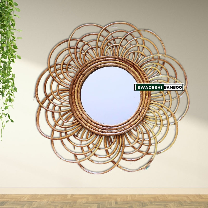 Swadeshi Bamboo Cane Decorative Rattan Mirror | Home Decor Bamboo Cane Mirror (Floral)