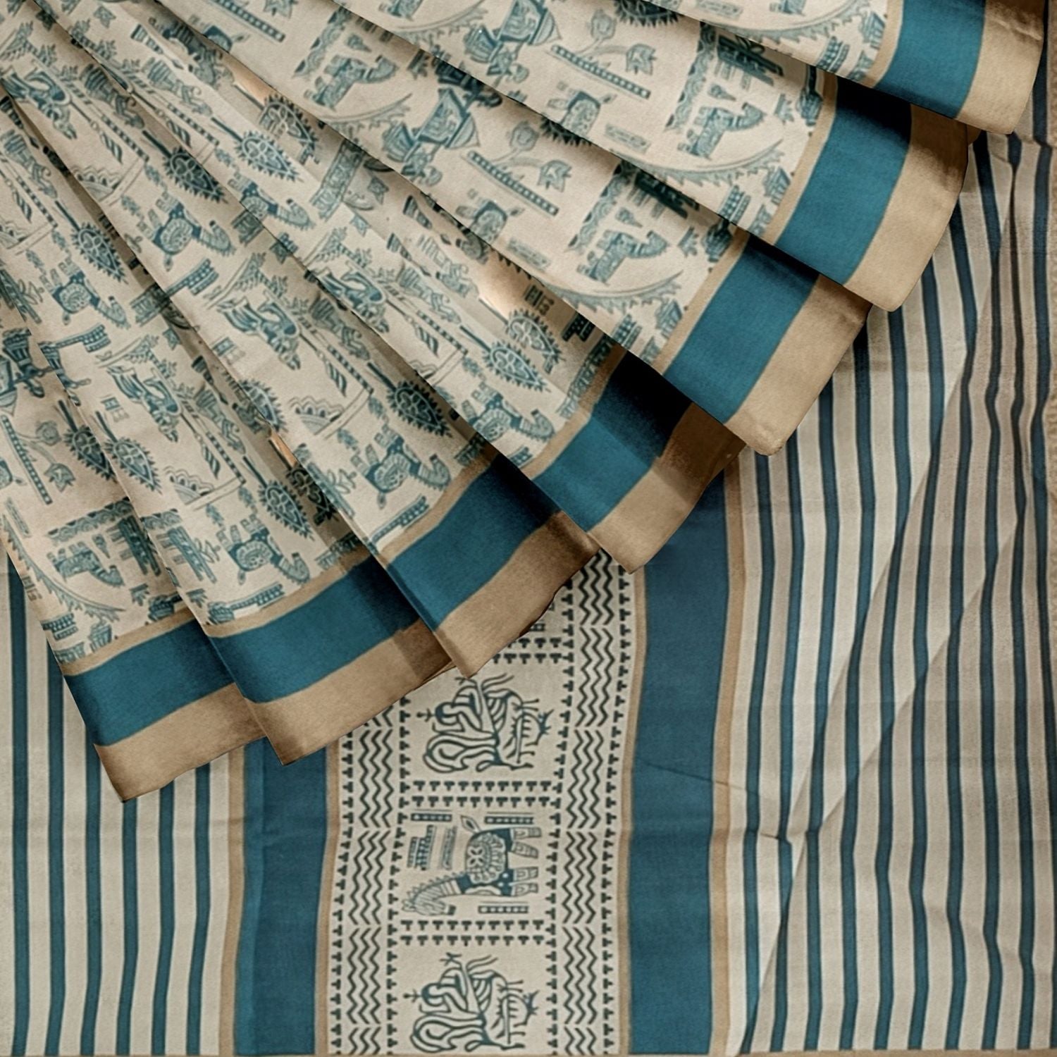 Handloom Khadi Cotton Saree Block print with Plain Blouse