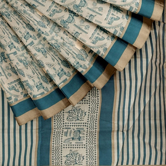 Handloom Khadi Cotton Saree Block print with Plain Blouse - swadeshibamboo