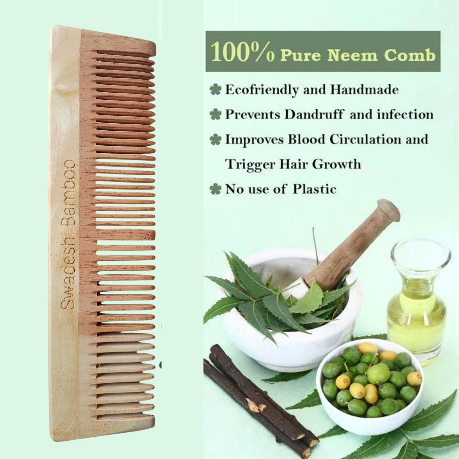 Swadeshi Bamboo Neem Wood Comb |  Hair Care | Hair Growth