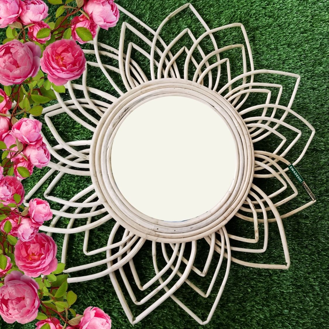 Swadeshi Bamboo Flower Mirror, Rattan Mirror, Decorative Mirror, Boho Mirror, Bamboo Mirror, Round Bamboo Mirror,