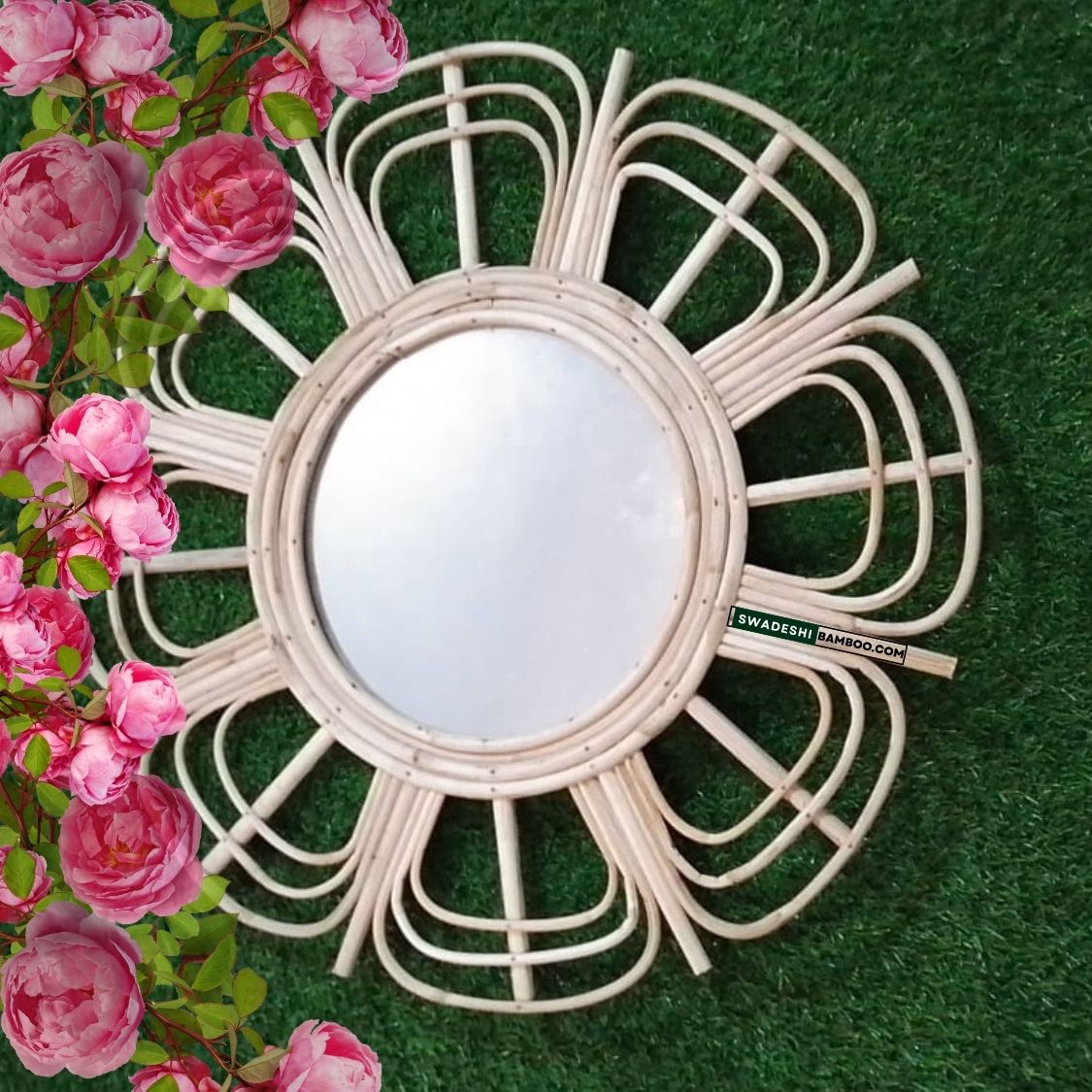 Swadeshi Bamboo Cane rattan Flower Mirror, Decorative Mirror, Boho Mirror, Living Room Decor, Wall decor mirror