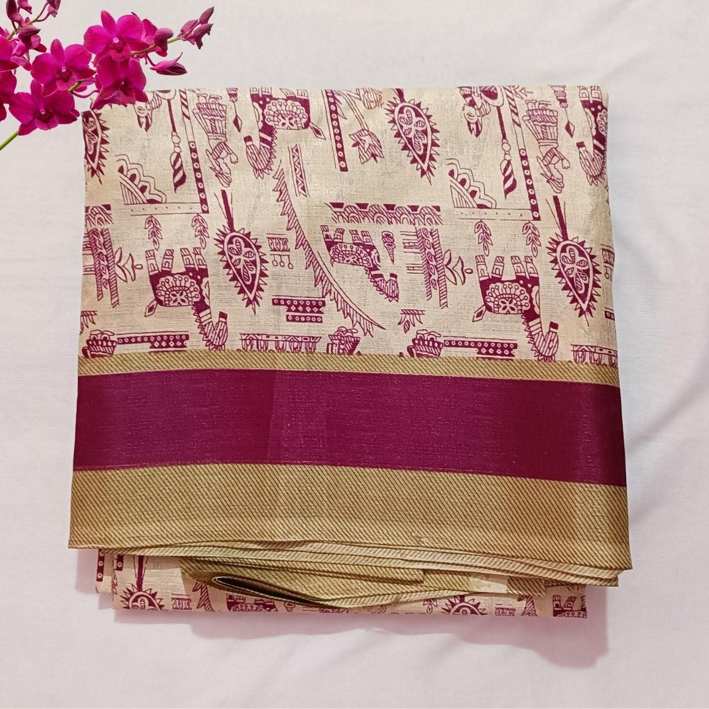 Handloom Khadi Cotton Saree Block print with Plain Blouse - swadeshibamboo