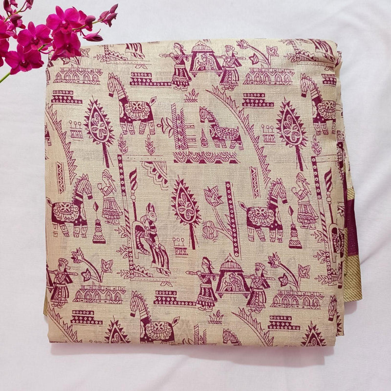 Handloom Khadi Cotton Saree Block print with Plain Blouse - swadeshibamboo