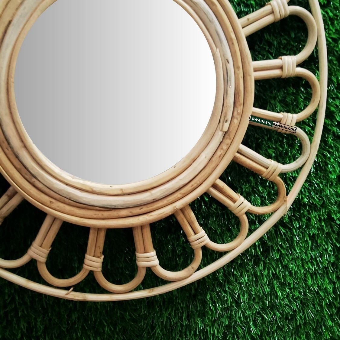 Swadeshi Bamboo Wall mirror round Rattan Flower, Boho Mirror Rattan, Wicker Made Mirrors