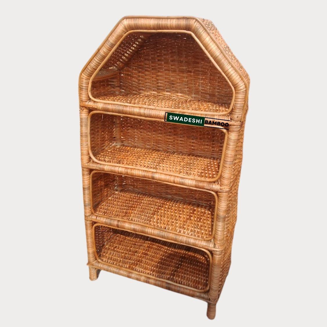 4 Shelves Cane Rattanbunai Rack Book Shoes Rack Multipurpose Use - swadeshibamboo