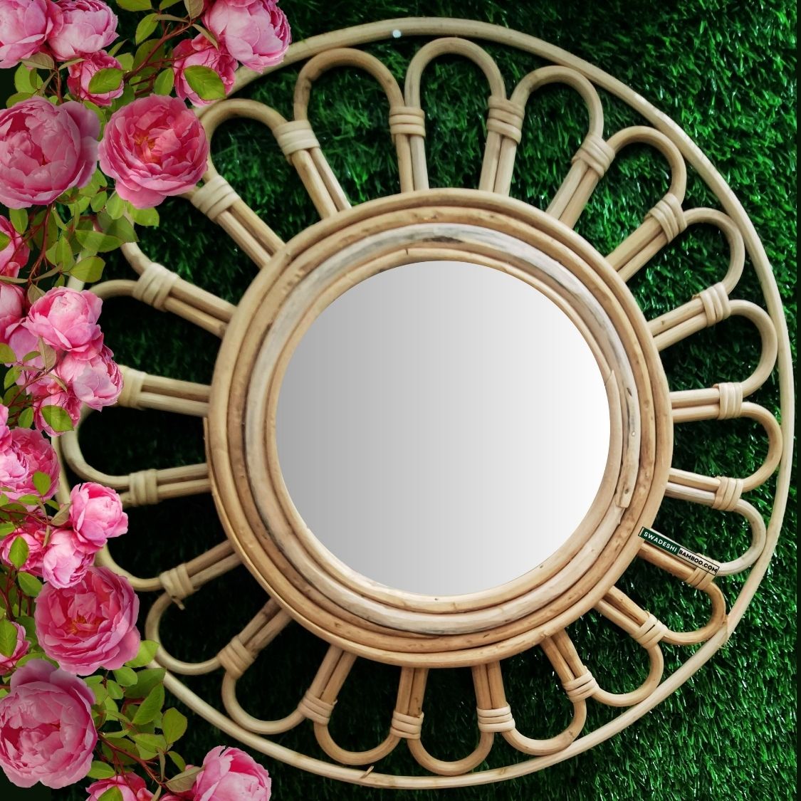 Swadeshi Bamboo Wall mirror round Rattan Flower, Boho Mirror Rattan, Wicker Made Mirrors