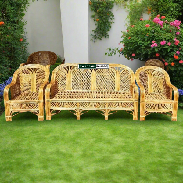 Cane Rattan Bamboo Five Seater Designer Sofa Set with Table