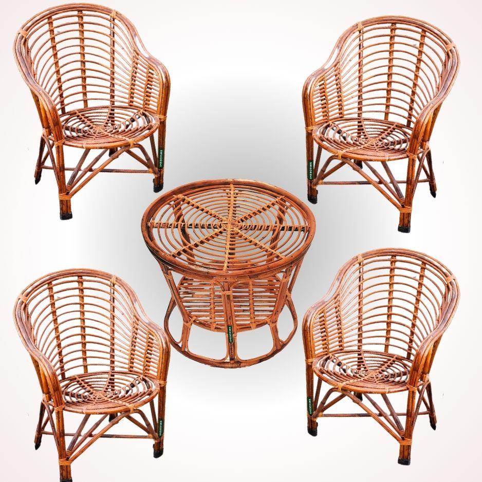 Swadeshi Bamboo Cane Rattan Arm Designer Heena Chair for Home, Office, Restaurant, Hotel, Garden & Balcony (Set of 4 chair with table) - swadeshibamboo