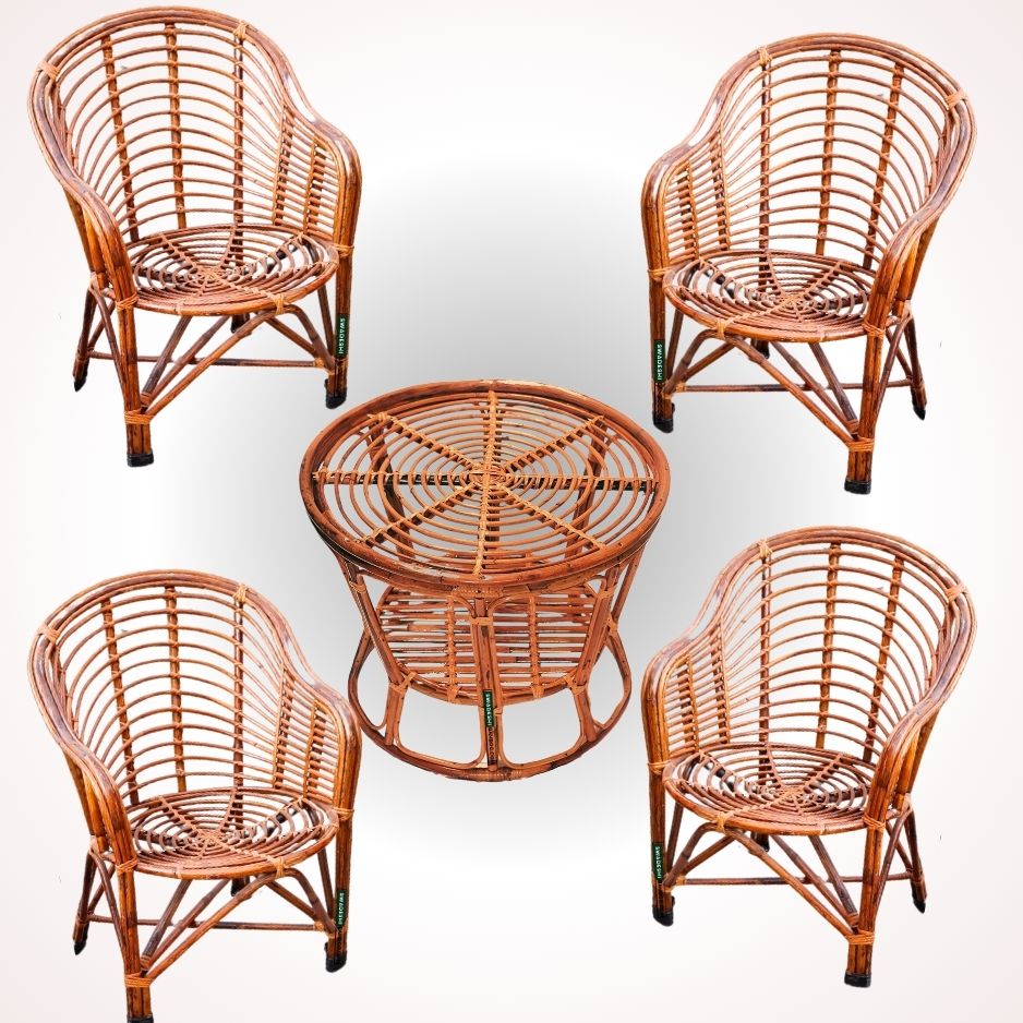 Swadeshi Bamboo Cane Rattan Arm Designer Heena Chair for Home, Office, Restaurant, Hotel, Garden & Balcony (Set of 4 chair with table)