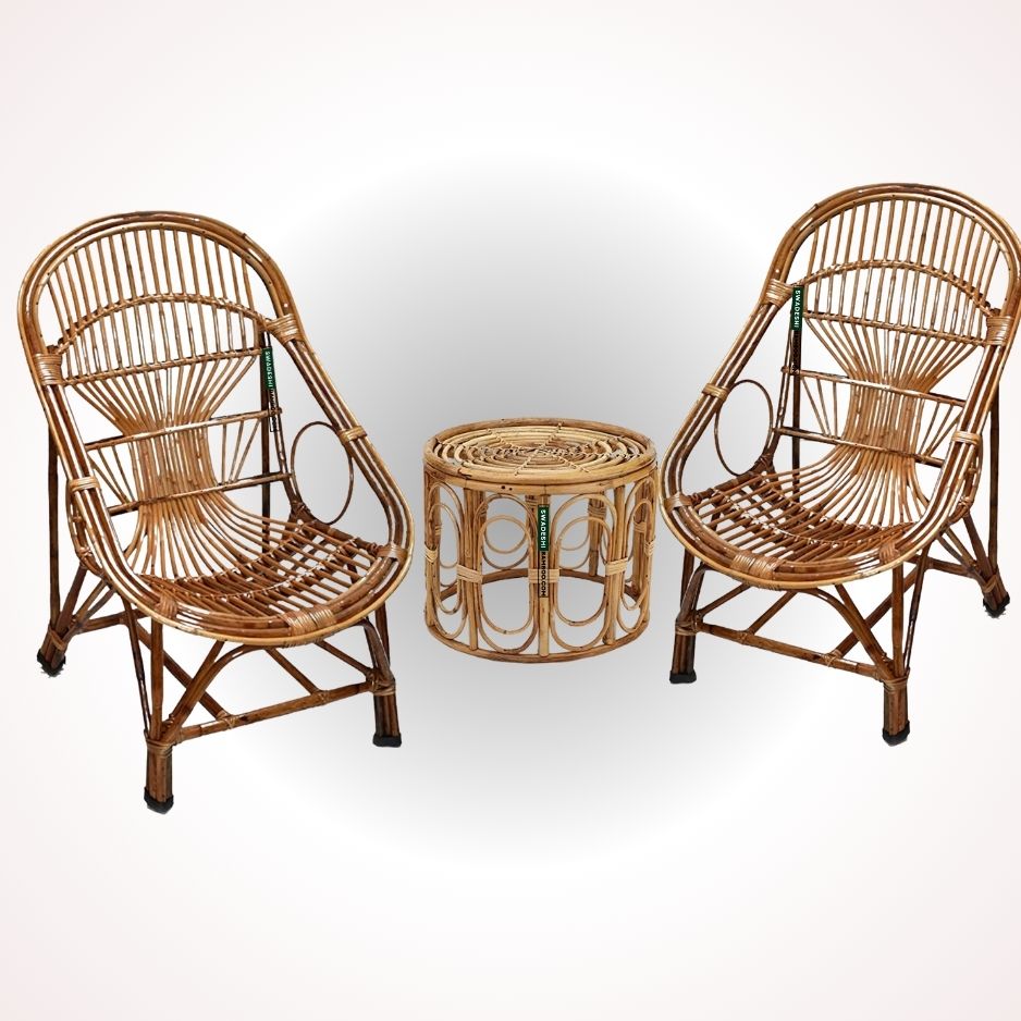 Swadeshi Bamboo Cane Rattan Arm Queen Chair for Home, Office, Restaurant, Hotel, Garden & Balcony (Set of 2 chair with table)