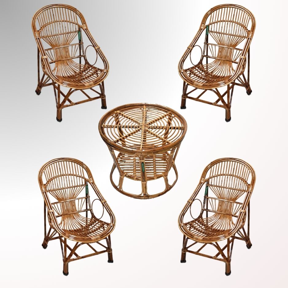 Swadeshi Bamboo Cane Rattan Arm Queen Chair for Home, Office, Restaurant, Hotel, Garden & Balcony (Set of 4 chair with table)