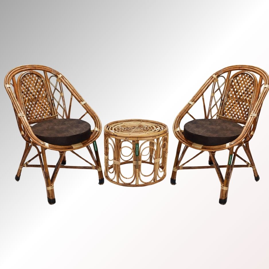 Swadeshi Bamboo Cane Rattan arm Designer Chair for Home, Office, Restaurant, Hotel, Garden & Balcony (Set of 2 chair with table)