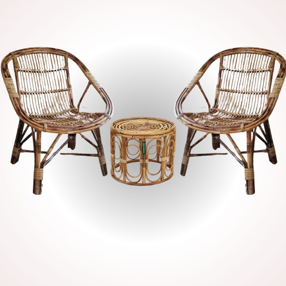 Swadeshi Bamboo Cane Rattan Arm Designer Chair for Home, Office, Restaurant, Hotel, Garden & Balcony (Set of 2 chair with table)