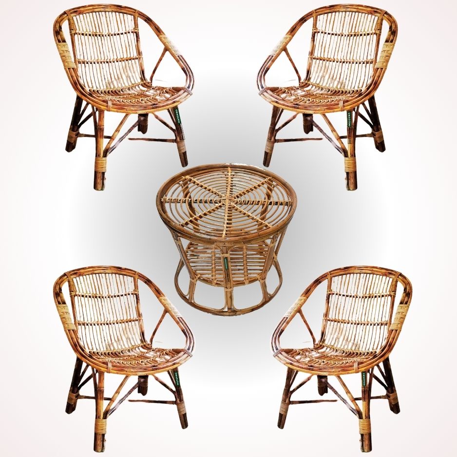 Swadeshi Bamboo Cane Rattan Arm Designer Chair for Home, Office, Restaurant, Hotel, Garden & Balcony (Set of 4 chair with table)