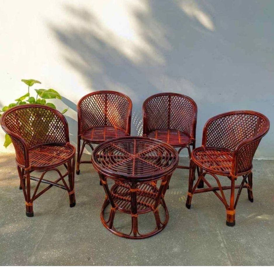 Swadeshi Bamboo Cane Rattan Jali pattern Arm Chair  for Home, Office, Garden & Balcony (Set of 4 chair with table)