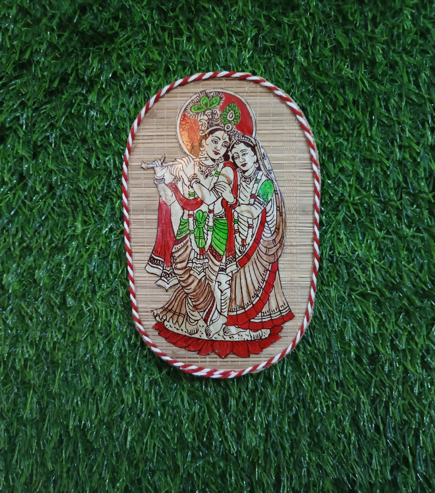 Handicrafte Bamboo Mat Wall Décor 7.5*4.5" (Radha krishna)