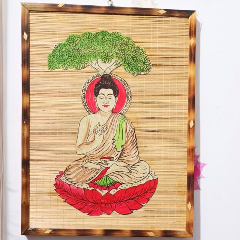 Handcrafted Bamboo Mat Base Wall Hanging Frame of Gautam Buddha for Home and Office/Eco Friendly Product