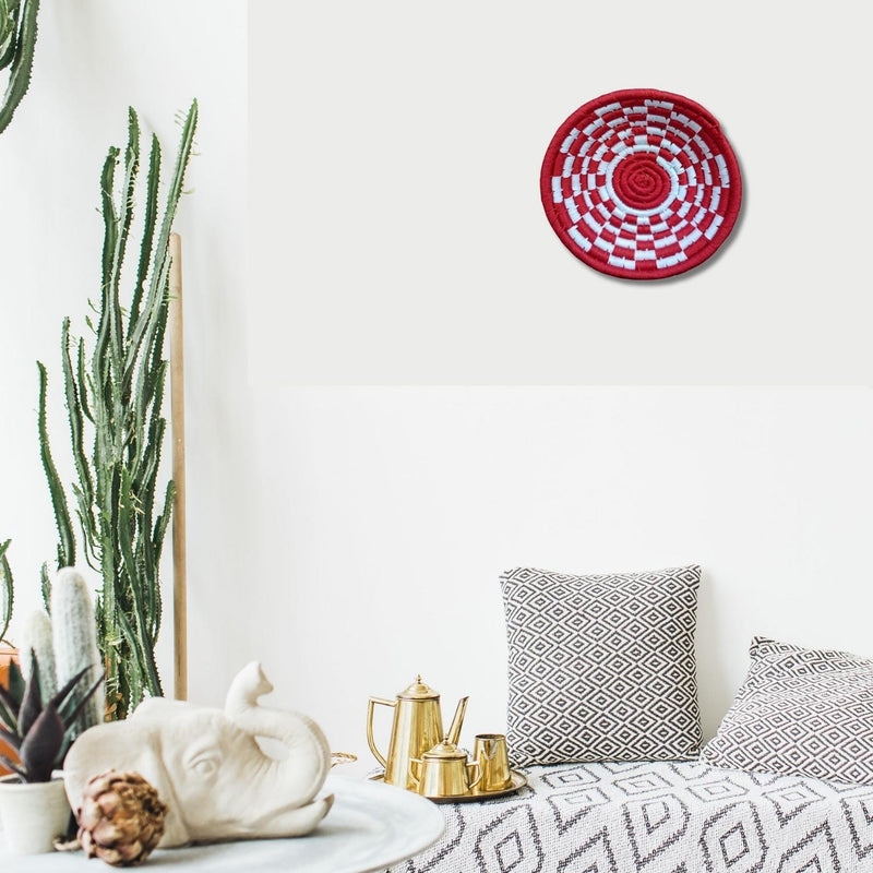 Handwoven Red, White color Sabai Grass Wall Plate 9 inches 