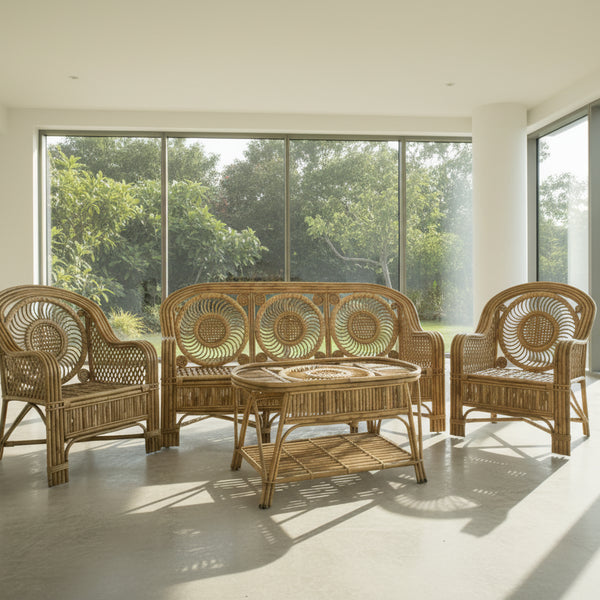 Bamboo Cane Sofa Set With Table For Home, Office, Living Room, Balcony, Garden, Indoor-outdoor