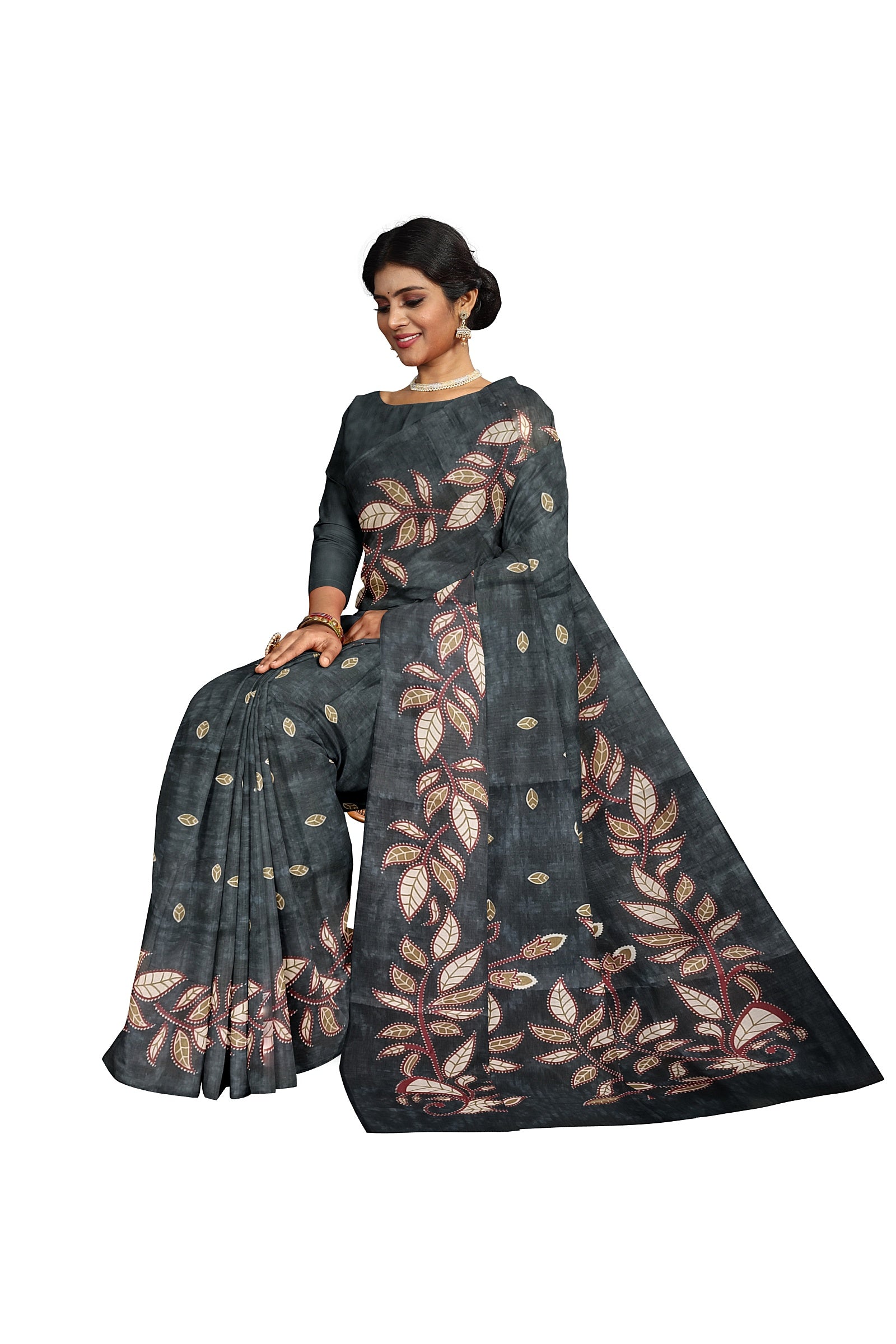 Handloom Women's Black Bold Print Khadi Saree With Blouse