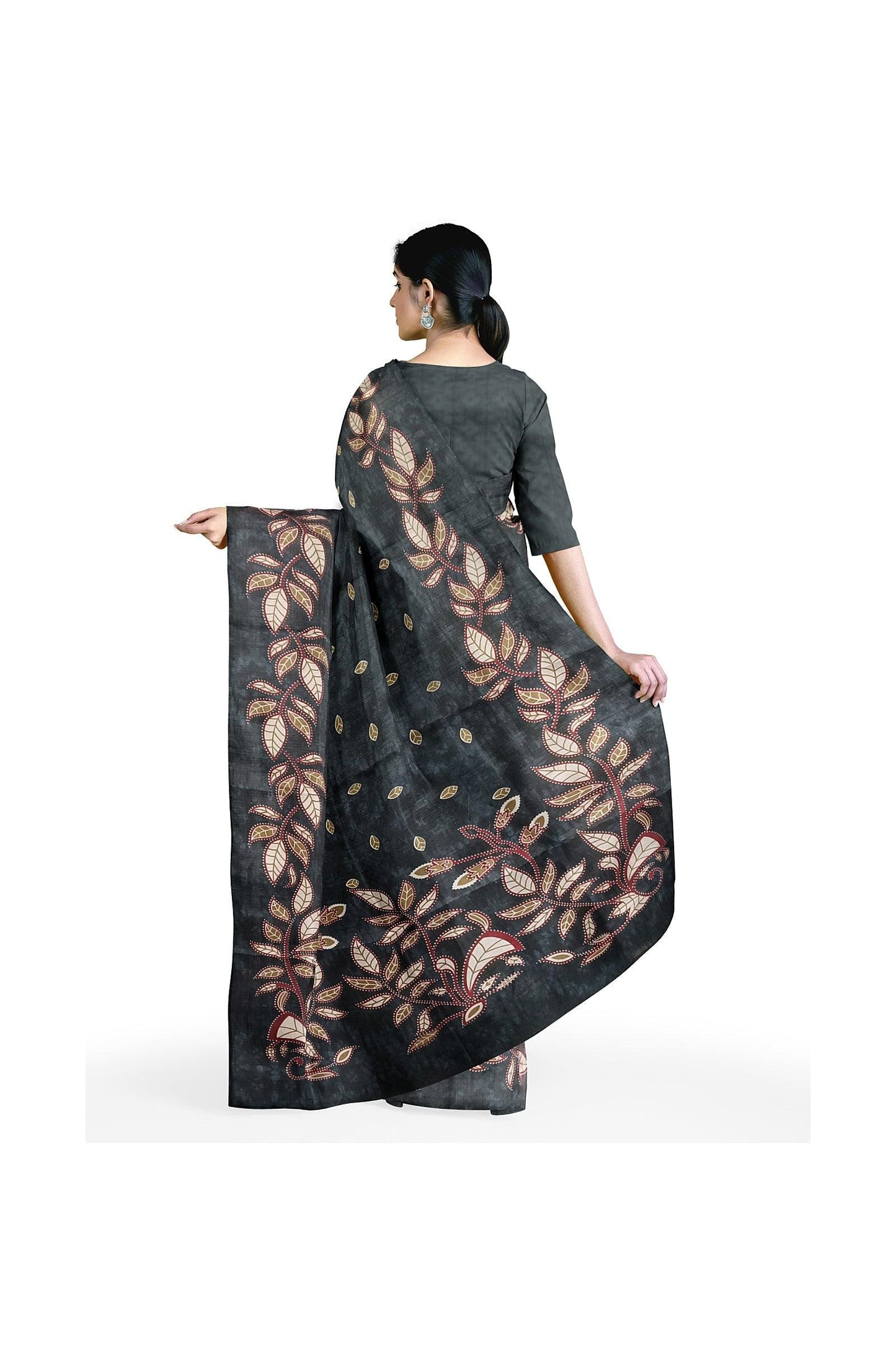 Handloom Women's Black Bold Print Khadi Saree With Blouse - swadeshibamboo