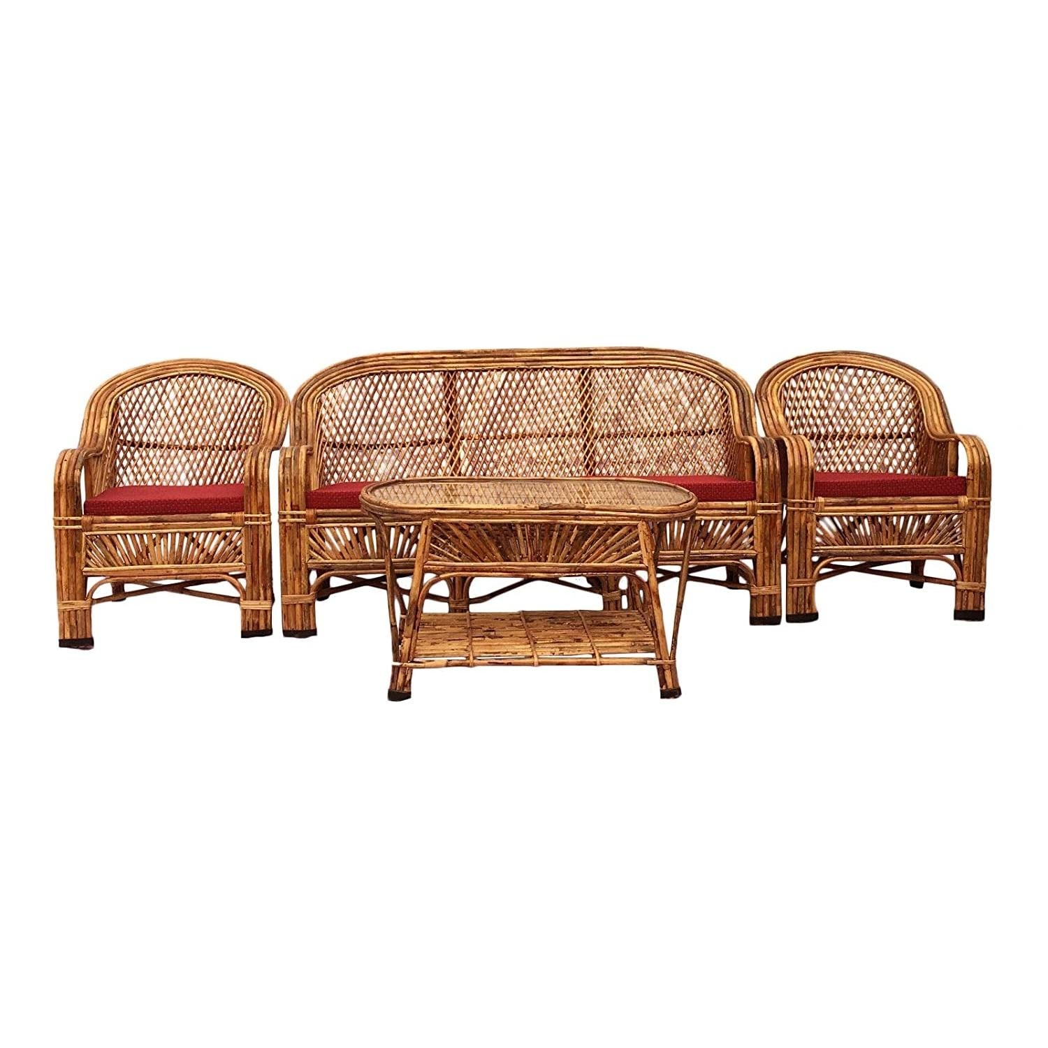 Cane Rattan Bamboo 5 Seater Designer Sofa Set with table For Home, Office and Garden