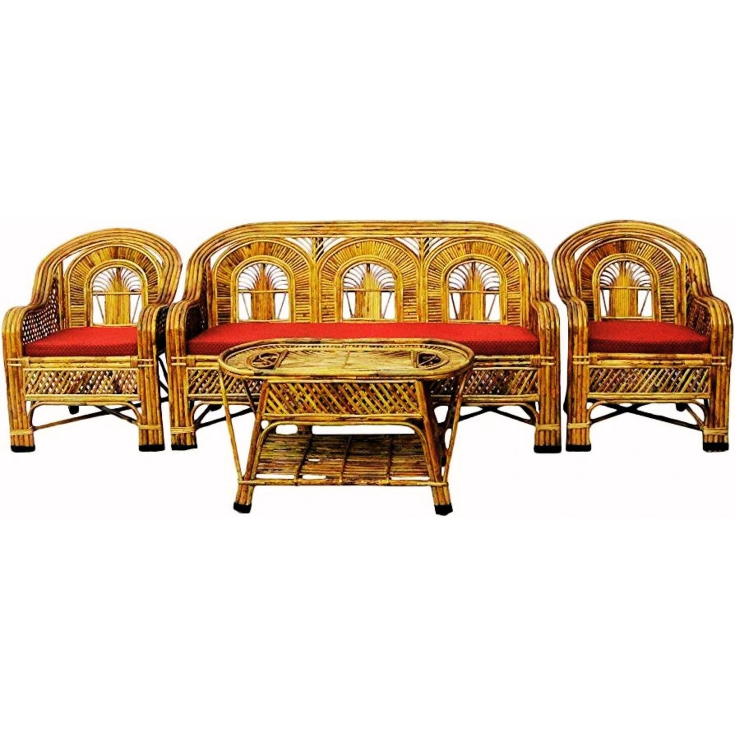 Cane Rattan Bamboo 5 Seater Designer Sofa Set with table For Home, Office and Garden