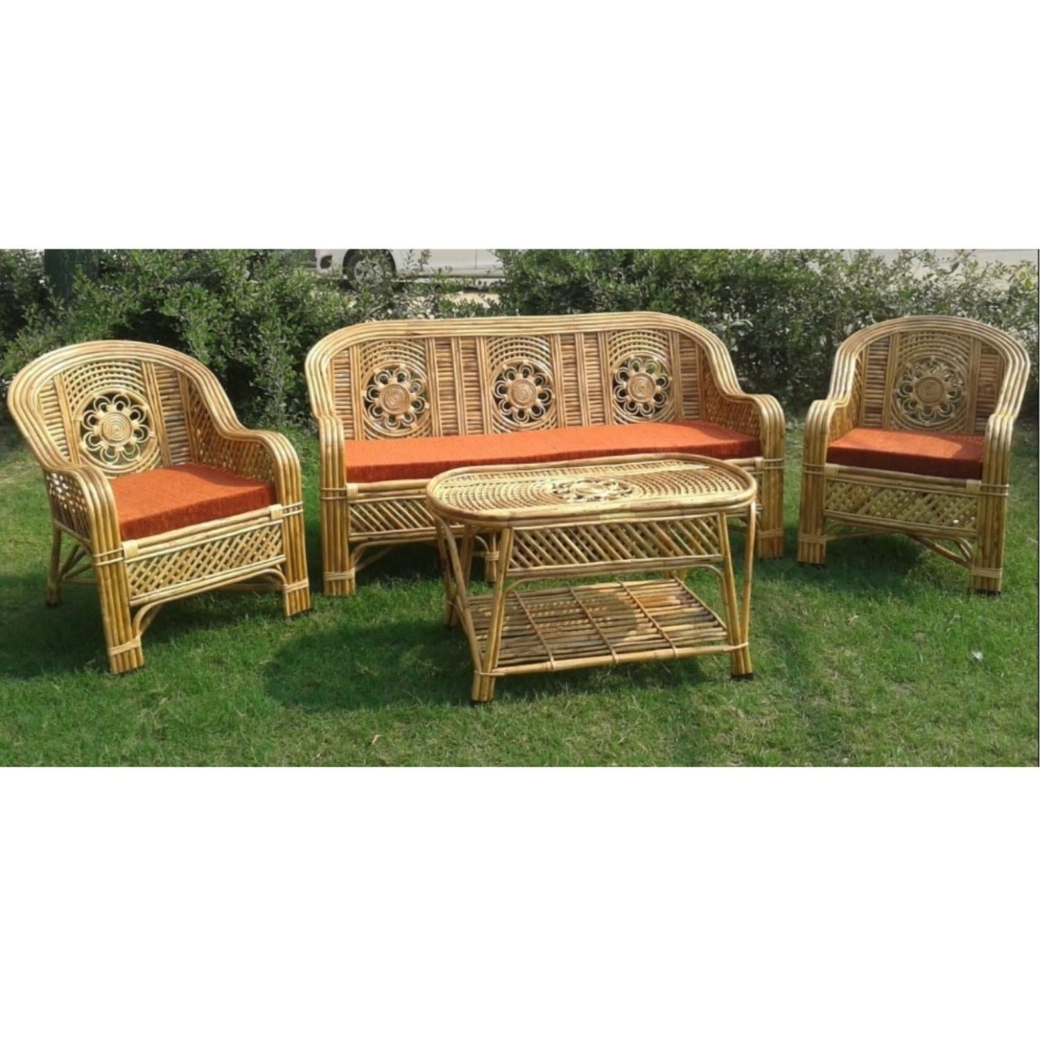 Cane Rattan Bamboo 5 Seater Designer Bunai Sofa Set with table For Home, Office and Garden